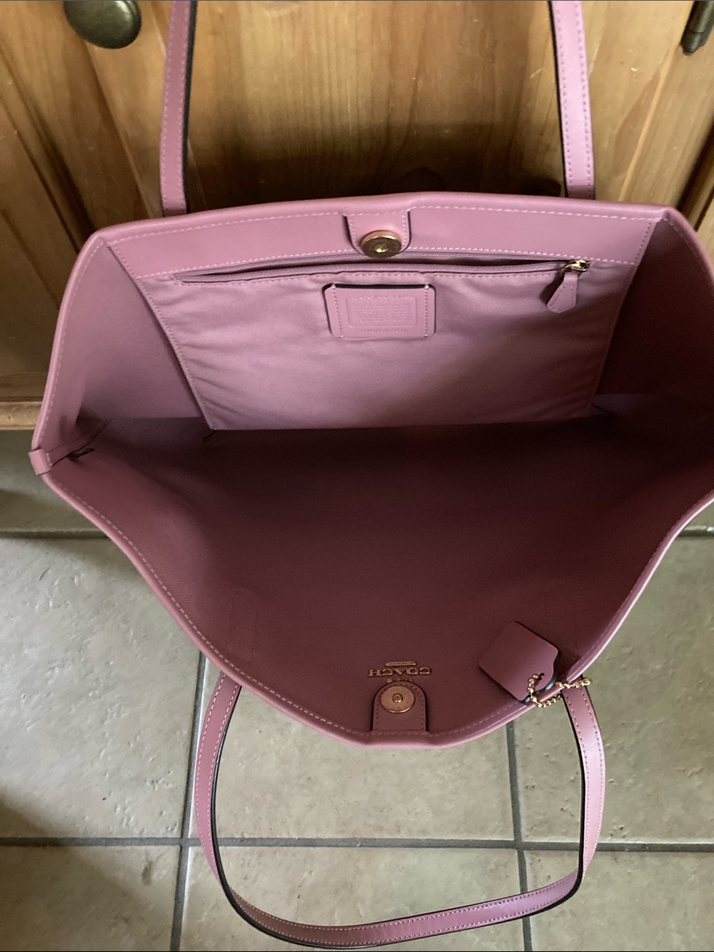Coach Brown Signature Tote with Pink Trim and Straps - Picture 3 of 7